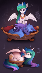 Size: 1500x2568 | Tagged: safe, artist:yakovlev-vad, princess celestia, princess luna, alicorn, butterfly, pony, ..., :<, :t, angry, annoyed, bed, behaving like a cat, behaving like a dog, celestia is not amused, chest fluff, crescent moon, cute, cutelestia, cutie mark, ear fluff, exclamation point, eye clipping through hair, eyes closed, female, floppy ears, flower, fluffy, frown, funny, glare, gray background, grumpy, hilarious, hnnng, if i fits i sits, interrobang, jewelry, leg fluff, lunabetes, madorable, mare, messy mane, missing accessory, moon, neck fluff, night, peeved, peytral, princess celestia is not amused, prone, question mark, royal sisters, s1 luna, shoulder fluff, simple background, sisters, sitting, sleeping, small, smiling, spread wings, stars, sunflower, this will end in tears and/or a journey to the moon, unamused, wing fluff, wings