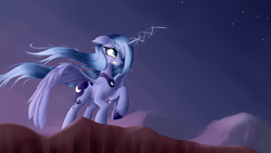 Size: 2560x1440 | Tagged: safe, artist:aurelleah, nightmare moon, princess luna, alicorn, pony, angry, chest fluff, cliff, crying, ear fluff, floppy ears, frown, magic, mountain, night, s1 luna, sad, solo, spread wings, stars, windswept mane