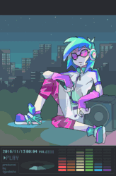 Size: 400x608 | Tagged: safe, artist:tyuubatu, dj pon-3, vinyl scratch, equestria girls, animated, clothes, eyewear, female, gif, glasses, headphones, pixiv, shoes, sneakers, solo, speakers, sunglasses