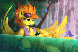 Size: 2300x1542 | Tagged: safe, artist:yakovlev-vad, spitfire, butterfly, crab, pegasus, pony, semi-anthro, bracelet, chest fluff, cutefire, ear fluff, earbuds, female, fluffy, gritted teeth, human shoulders, humanoid torso, jewelry, leg fluff, lidded eyes, mare, music notes, nature, necklace, on back, raised hoof, relaxing, scenery, sitting, smiling, solo, sunglasses, towel, tree, underhoof, water, wing fluff