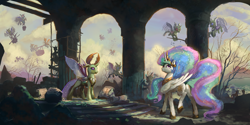 Size: 2160x1080 | Tagged: safe, artist:huussii, princess celestia, thorax, alicorn, changedling, changeling, pony, to where and back again, aftermath, dead tree, female, king thorax, looking up, male, mare, raised leg, rebuilding, ruins, scenery, spread wings, swarm, tree