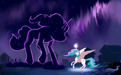 Size: 1500x930 | Tagged: safe, artist:baron engel, princess celestia, princess luna, tantabus, alicorn, pony, big sister instinct, confrontation, dark, glowing horn, magic, night, on side, ponyville, protecting, rearing, spread wings, wip