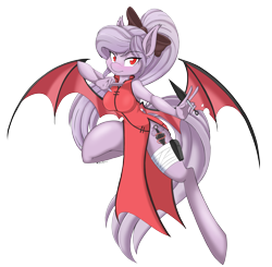 Size: 3869x3789 | Tagged: safe, artist:demonfox, oc, oc only, oc:violet thorn, anthro, bat pony, unguligrade anthro, anthro oc, bandage, bow, breasts, cheongsam, clothes, commission, dress, female, hair bow, jumping, kunai, kunoichi, lidded eyes, looking at you, ninja, side slit, simple background, slit eyes, solo, spread wings, transparent background, weapon