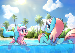 Size: 1684x1191 | Tagged: safe, artist:hoodie, aloe, lotus blossom, earth pony, pony, ball, beach, cloud, cute, duo, duo female, female, mare, open mouth, plot, sky, smiling, spa twins, spaww twins, sun, tree, water