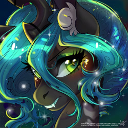 Size: 2449x2449 | Tagged: safe, artist:wilvarin-liadon, queen chrysalis, changeling, changeling queen, bust, fangs, female, looking at you, portrait, solo