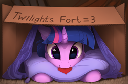 Size: 1920x1266 | Tagged: safe, artist:yakovlev-vad, twilight sparkle, pony, :3, blanket, box fort, cardboard box, cute, female, floppy ears, fluffy, fort, heart, hnnng, looking at you, mare, mouth hold, nom, pillow, prone, smiling, solo, twiabetes, yakovlev-vad is trying to murder us