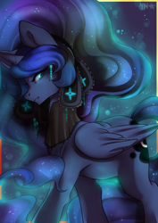 Size: 2893x4092 | Tagged: safe, artist:yukomaussi, princess luna, alicorn, pony, alternate hairstyle, beautiful, female, frown, glare, glowing eyes, hairband, jewelry, looking at you, mare, missing accessory, regalia, solo