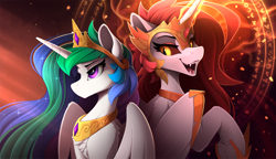 Size: 2500x1435 | Tagged: safe, artist:yakovlev-vad, daybreaker, princess celestia, alicorn, pony, armor, fangs, female, jewelry, magic, magic circle, mare, no mouth, open mouth, peytral, raised hoof, regalia, smiling, underhoof, wing armor