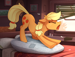 Size: 2100x1597 | Tagged: safe, artist:yakovlev-vad, applejack, earth pony, pony, bed, bedroom, behaving like a cat, cheek fluff, chest fluff, cute, ear fluff, eyes closed, face down ass up, feather, female, floppy ears, iwtcird, jackabetes, majestic as fuck, mare, meme, morning ponies, open mouth, pillow, silly, silly pony, solo, stretching, underhoof, window, yawn