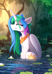 Size: 1615x2300 | Tagged: safe, artist:yakovlev-vad, princess celestia, alicorn, pony, basking in the rain, bath, bathing, chest fluff, cute, cutelestia, ear fluff, eye clipping through hair, eyelashes, eyes closed, female, forest, happy, heart, horn, lilypad, mare, missing accessory, outdoors, peytral, pond, rain, scenery, sitting, smiling, solo, water, water lily, wet, wet mane, wings