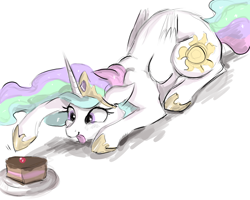Size: 1500x1200 | Tagged: safe, artist:buttersprinkle, princess celestia, alicorn, pony, :p, behaving like a cat, cake, cakelestia, catlestia, cute, cutelestia, eyes on the prize, floppy ears, food, plate, prone, sillestia, silly, silly pony, simple background, smiling, solo, tongue out, white background