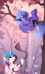 Size: 1546x2500 | Tagged: safe, artist:yakovlev-vad, part of a set, princess celestia, princess luna, alicorn, cobra, pony, snake, spider, :p, behaving like a cat, bipedal, cewestia, chest fluff, cute, cutelestia, ear fluff, exclamation point, female, filly, floating heart, floppy ears, fluffy, gritted teeth, hanging, heart, hissing, hoof shoes, jumping, looking up, lunabetes, mare, open mouth, question mark, royal sisters, s1 luna, scared, smiling, snek, spread wings, tongue out, tree, underhoof, upside down, weapons-grade cute, wings, woona, yakovlev-vad is trying to murder us, younger