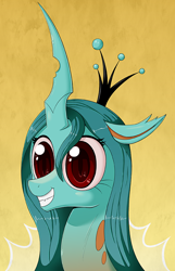 Size: 600x931 | Tagged: safe, artist:deusexequus, queen chrysalis, changedling, changeling, changeling queen, to where and back again, alternate universe, bust, grin, portrait, purified chrysalis, reformed, smiling, solo