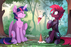 Size: 2200x1465 | Tagged: safe, artist:yakovlev-vad, fizzlepop berrytwist, tempest shadow, twilight sparkle, twilight sparkle (alicorn), alicorn, pony, unicorn, my little pony: the movie, broken horn, chest fluff, cute, daaaaaaaaaaaw, dropped ice cream, duo, female, food, forest, friendship, glowing horn, grin, ice cream, ice cream cone, magic, mare, sharing, smiling, telekinesis, tempestbetes, tree, twiabetes, wallpaper