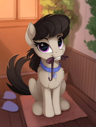 Size: 1250x1650 | Tagged: safe, artist:yakovlev-vad, octavia melody, earth pony, pony, behaving like a dog, chest fluff, clothes, collar, colored sketch, cute, dogtavia, female, fluffy, grin, leash, lidded eyes, looking at you, looking up, mare, mouth hold, pony pet, shoulder fluff, sitting, slippers, smiling, solo, tavibetes, yakovlev-vad is trying to murder us
