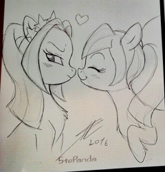 Size: 1229x1280 | Tagged: safe, artist:stepandy, aria blaze, sonata dusk, arisona, blushing, female, heart, lesbian, ponified, shipping, sketch, traditional art