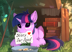 Size: 2350x1715 | Tagged: safe, artist:yakovlev-vad, twilight sparkle, unicorn twilight, butterfly, pony, unicorn, :3, adorkable, book, cute, dork, ear fluff, female, game of thrones, heart, homeless, homeless twilight, mare, mouth hold, obey, poster, prone, sad, sign, snow white and the seven dwarfs, solo, suitcase, twiabetes, weapons-grade cute, will x for y