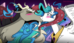 Size: 1200x700 | Tagged: safe, artist:chocolateponi, discord, princess celestia, alicorn, pony, blushing, dislestia, eyes closed, kissing, male, shipping, spread wings, straight, surprise kiss