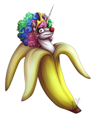 Size: 3000x4000 | Tagged: safe, artist:lupiarts, princess celestia, alicorn, pony, banana, bananalestia, blushing, clown, clown celestia, clown nose, disturbing, eyelashes, food, looking at you, simple background, smiling, solo, transparent background, wat, wide eyes