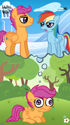 Size: 900x1600 | Tagged: safe, artist:773her, rainbow dash, scootaloo, scooteroll, pegasus, pony, derp, eye contact, frown, imagining, older, open mouth, prone, rule 63, smiling, smirk, thought bubble, wide eyes