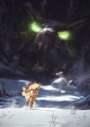 Size: 850x1200 | Tagged: safe, artist:assasinmonkey, applejack, earth pony, pony, timber wolf, cowboy hat, female, freckles, glowing eyes, hat, king timber wolf, mare, running, scared, scenery, signature, size difference, snow, solo, stetson, winter