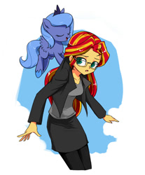 Size: 629x760 | Tagged: safe, artist:twilite-sparkleplz, princess luna, sunset shimmer, equestria girls, carrying, clothes, cute, filly, flying, glasses, open mouth, pants, skirt, twilite-sparkleplz is trying to murder us, woona, younger