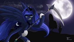 Size: 3840x2160 | Tagged: safe, artist:thunder chaser, princess luna, alicorn, pony, angry, gritted teeth, moon, scythe, solo, weapon