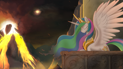 Size: 3413x1920 | Tagged: safe, artist:brisineo, princess celestia, alicorn, pony, bad end, balcony, crying, eruption, eyes closed, female, jewelry, lava, mare, regalia, scenery, solo, spread wings, story in the source, story included, volcano, wings