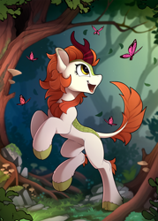 Size: 1500x2100 | Tagged: safe, artist:yakovlev-vad, autumn blaze, butterfly, insect, kirin, sounds of silence, awwtumn blaze, chest fluff, cloven hooves, colored hooves, cute, female, forest, happy, hooves, jumping, leonine tail, mushroom, open mouth, raised hoof, raised tail, rearing, scenery, solo, tree
