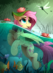 Size: 1700x2350 | Tagged: safe, artist:yakovlev-vad, fluttershy, dragonfly, fish, insect, pegasus, pony, anatomically incorrect, chest fluff, cute, female, headset, high res, human shoulders, incorrect leg anatomy, mare, nature, open mouth, partially submerged, rain, scenery, shyabetes, smiling, solo, swimming, underwater, water
