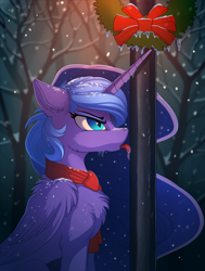 Size: 1610x2125 | Tagged: safe, artist:yakovlev-vad, princess luna, alicorn, pony, annoyed, cheek fluff, chest fluff, christmas, clothes, ear fluff, eyeshadow, flag pole, fluffy, frozen, ice, icicle, lamppost, licking, makeup, metal, nightmare luna, pole, scarf, shoulder fluff, slit eyes, snow, snowfall, solo, stuck, tongue out, tongue stuck to pole, wing fluff, winter, winter coat, wreath