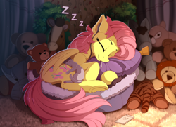 Size: 2400x1742 | Tagged: safe, artist:yakovlev-vad, fluttershy, cat, pegasus, pony, candy, cute, daaaaaaaaaaaw, earbuds, eyes closed, female, food, hnnng, lollipop, mare, plushie, shyabetes, sleeping, smiling, snuggling, solo, sucker, sweet dreams fuel, weapons-grade cute, yakovlev-vad is trying to murder us, zzz