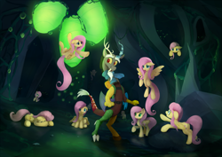 Size: 1700x1206 | Tagged: safe, artist:scootiebloom, discord, fluttershy, changeling, pegasus, pony, to where and back again, clothes, crying, crying flutterlings, disguise, disguised changeling, fake fluttershy, multeity, scarf, scene interpretation