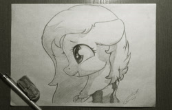 Size: 2044x1308 | Tagged: safe, artist:freeedon, fluttershy, pegasus, pony, clothes, eraser, female, mare, monochrome, pencil, photo, solo, traditional art