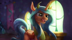Size: 3840x2160 | Tagged: safe, artist:starblaze25, queen chrysalis, changedling, changeling, changeling queen, to where and back again, female, fluffy, frown, good, lidded eyes, nose wrinkle, open mouth, purified chrysalis, scenery, solo, teeth, tongue out, what if