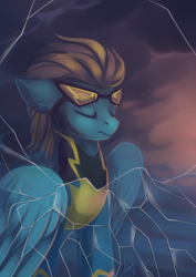 Size: 2480x3507 | Tagged: safe, artist:dragonataxia, lightning dust, pegasus, pony, clothes, costume, cracks, eyes closed, goggles, shadowbolts costume, solo, wonderbolts uniform