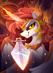 Size: 1750x2425 | Tagged: safe, artist:yakovlev-vad, daybreaker, alicorn, pony, armor, colored sclera, crown, evil eyes, evil grin, female, fire, glare, glow, glowing horn, grin, high res, imminent death, impending doom, jewelry, levitation, lidded eyes, looking at you, magic, mare, rearing, regalia, smiling, smirk, solo, spread wings, sword, telekinesis, this will end in death, this will end in pain, this will end in tears and/or death, weapon, wings