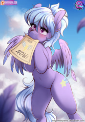 Size: 1022x1470 | Tagged: safe, artist:sugarlesspaints, cloudchaser, pegasus, pony, belly button, blushing, cloud, cute, cutechaser, ear fluff, eye clipping through hair, eyebrows visible through hair, feather, female, flyer, mare, mouth hold, patreon, patreon logo, shoulder fluff, sky, solo, wonderbolts logo