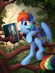 Size: 1730x2280 | Tagged: safe, artist:yakovlev-vad, rainbow dash, pegasus, pony, semi-anthro, book, coffee, daring do and the sapphire statue, daring do books, female, mare, scenery, sitting, smiling, solo, tree, tree branch