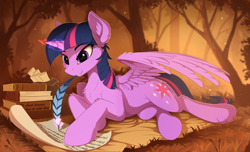 Size: 2440x1485 | Tagged: safe, artist:yakovlev-vad, twilight sparkle, twilight sparkle (alicorn), alicorn, pony, art, blanket, book, cheek fluff, chest fluff, ear fluff, female, fluffy, forest, glowing horn, grass, letter, levitation, magic, mare, paper, prone, quill, scroll, shoulder fluff, smiling, solo, telekinesis, this will end in pain and/or death, this will end in vore, tree, wing fluff, writing
