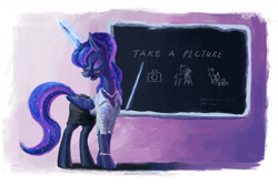 Size: 1772x1181 | Tagged: safe, artist:plainoasis, princess luna, alicorn, pony, alternate hairstyle, blushing, chalkboard, clothes, eyes closed, glasses, glowing horn, jewelry, magic, necklace, pearl necklace, pointy ponies, ponytail, shirt, skirt, solo, teacher, teaching