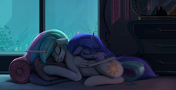 Size: 1600x825 | Tagged: safe, artist:rodrigues404, princess celestia, princess luna, alicorn, pony, cabinet, cuddling, cute, cutelestia, duo, eyes closed, female, floppy ears, fluffy, freckles, lunabetes, mare, missing accessory, nap, pillow, pony pillow, prone, royal sisters, sisters, sleeping, smiling, snuggling, window