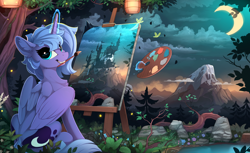 Size: 2310x1410 | Tagged: safe, artist:yakovlev-vad, princess luna, alicorn, pony, castle, cloud, crescent moon, cute, drawing, female, forest, glowing horn, grin, horn, lantern, levitation, looking at you, looking back, looking back at you, lunabetes, magic, mare, moon, mountain, mouth hold, nature, night, painting, paper lantern, plein air, pond, s1 luna, scenery, scenery porn, sitting, sky, smiling, solo, squee, still life, telekinesis, tree, water, wings