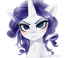 Size: 1280x960 | Tagged: safe, artist:sugarberry, rarity, pony, unicorn, alternate hairstyle, angry, blushing, eyeshadow, female, looking at you, makeup, mare, solo