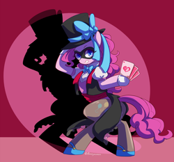 Size: 1850x1725 | Tagged: safe, artist:buryooooo, pinkie pie, pony, bipedal, card, clothes, hat, looking at you, mask, signature, solo, spotlight, thief, top hat