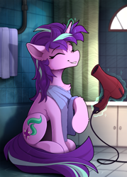 Size: 1600x2233 | Tagged: safe, artist:yakovlev-vad, starlight glimmer, pony, unicorn, bath, bathroom, bathtub, eyes closed, female, hair dryer, magic, mare, messy mane, sitting, solo, telekinesis, towel, wet mane