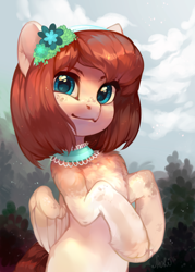 Size: 2500x3500 | Tagged: safe, artist:share dast, oc, oc only, oc:tea flower, pegasus, pony, bust, chest fluff, choker, commission, cute, female, flower, flower in hair, freckles, hairband, heart eyes, jewelry, looking at you, mare, portrait, rearing, scenery, semi-realistic, solo, unshorn fetlocks, wingding eyes