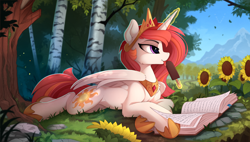 Size: 2310x1315 | Tagged: safe, artist:yakovlev-vad, princess celestia, alicorn, pony, alternate hair color, book, bookmark, cheek fluff, chest fluff, clothes, crown, cute, cutelestia, cutie mark, female, flower, fluffy, food, forest, fudgesicle, grass, hoof shoes, ice cream, jewelry, leg fluff, levitation, licking, lidded eyes, magic, mare, mlem, mountain, nature, necklace, outdoors, peytral, pink-mane celestia, prone, regalia, scenery, shoes, shoulder fluff, sideways glance, silly, smiling, solo, spread wings, summer, sunflower, telekinesis, tiara, tongue out, tree, wing fluff, wings