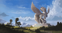 Size: 1850x1000 | Tagged: safe, artist:shamanguli, princess celestia, alicorn, pony, cloud, female, grass, looking up, mare, open mouth, rearing, scenery, sky, spread wings, statue, tree