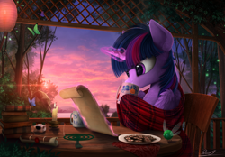 Size: 2500x1740 | Tagged: safe, artist:yakovlev-vad, twilight sparkle, twilight sparkle (alicorn), alicorn, butterfly, firefly (insect), mosquito, parasprite, pony, art, blanket, book, candle, chest fluff, coffee mug, comfy, cookie, female, fluffy, food, incense, inkwell, lake, lantern, levitation, magic, mare, mountain, mug, reading, russian, scenery, scenery porn, scroll, sky, solo, table, tea, telekinesis, tree, water